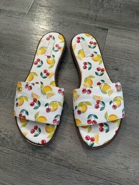 Michael Kors White Slide Sandals with Lemon & Cherry Print